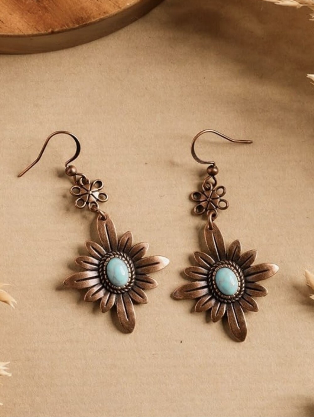 Antuque Copper And Turquoise Flower Earrings - Picture 4 of 7